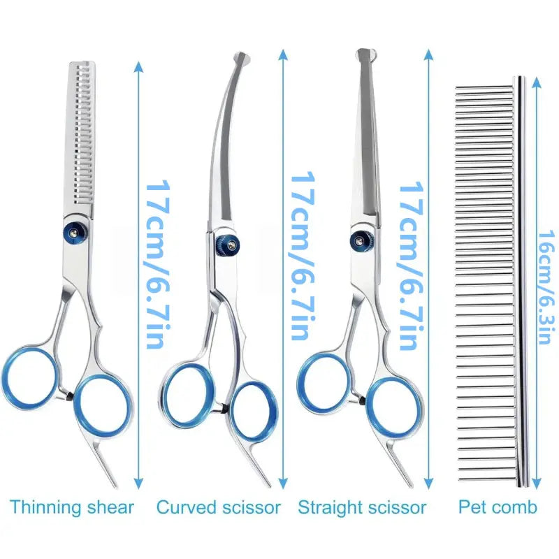 5 in 1 Professional Grooming Scissors for Dogs 4CR with Safety round Tip, Heavy Duty Titanium Coated Straight & Thinning & Curved Shears