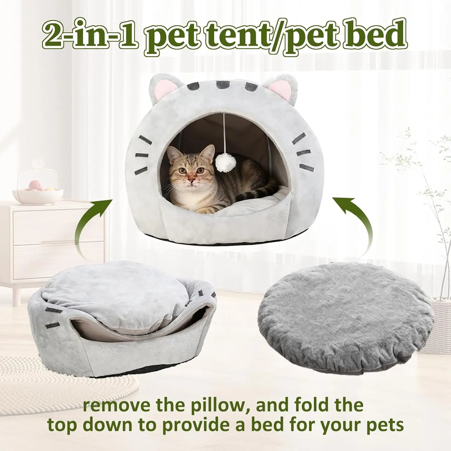 Cozy Cat Cave Bed with Fun Hanging Ball Toy - Semi-Enclosed Kitten House Featuring Washable Inner Pillow, Soft & Breathable Indoor Cat Nest