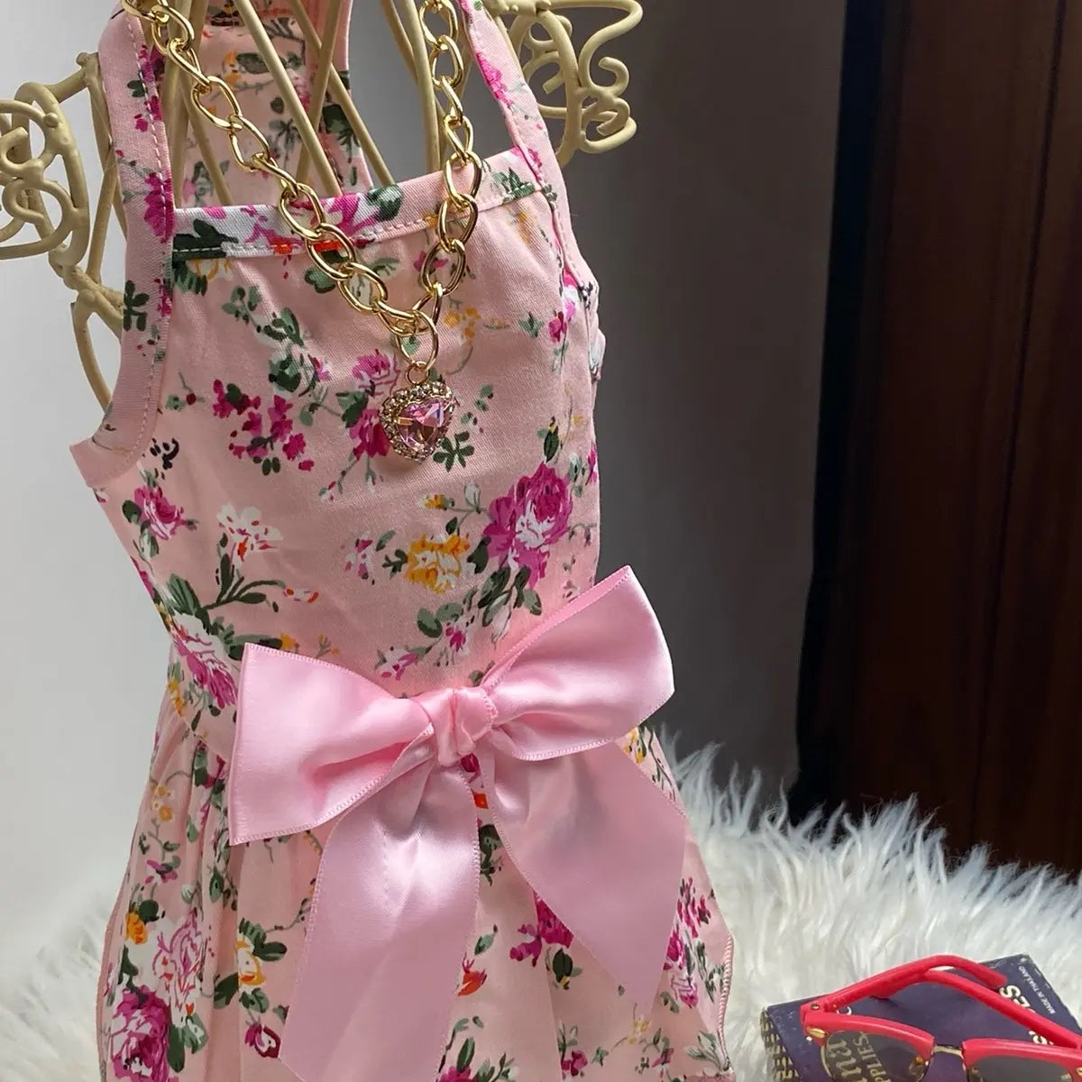 Pet Pink Floral Dress with Pink Bow for Small Cats and Dogs under 10 Lbs - Perfect Summer Wear for Your Furry Friend Cute Pet Small Dog Cat Clothes