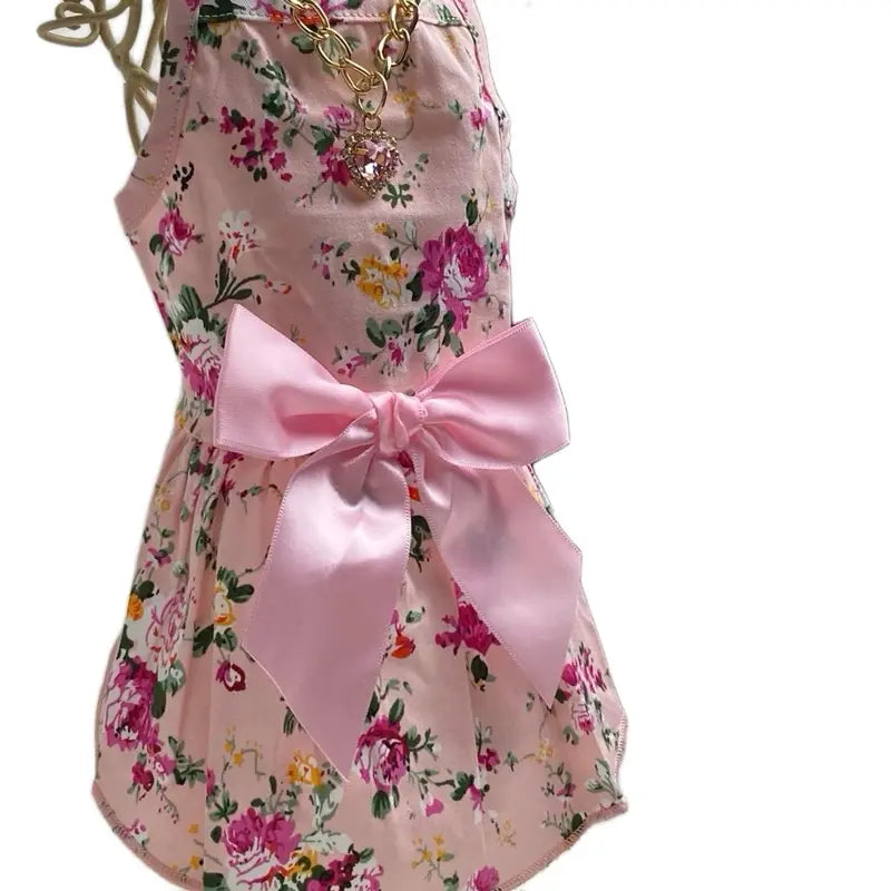 Pet Pink Floral Dress with Pink Bow for Small Cats and Dogs under 10 Lbs - Perfect Summer Wear for Your Furry Friend Cute Pet Small Dog Cat Clothes