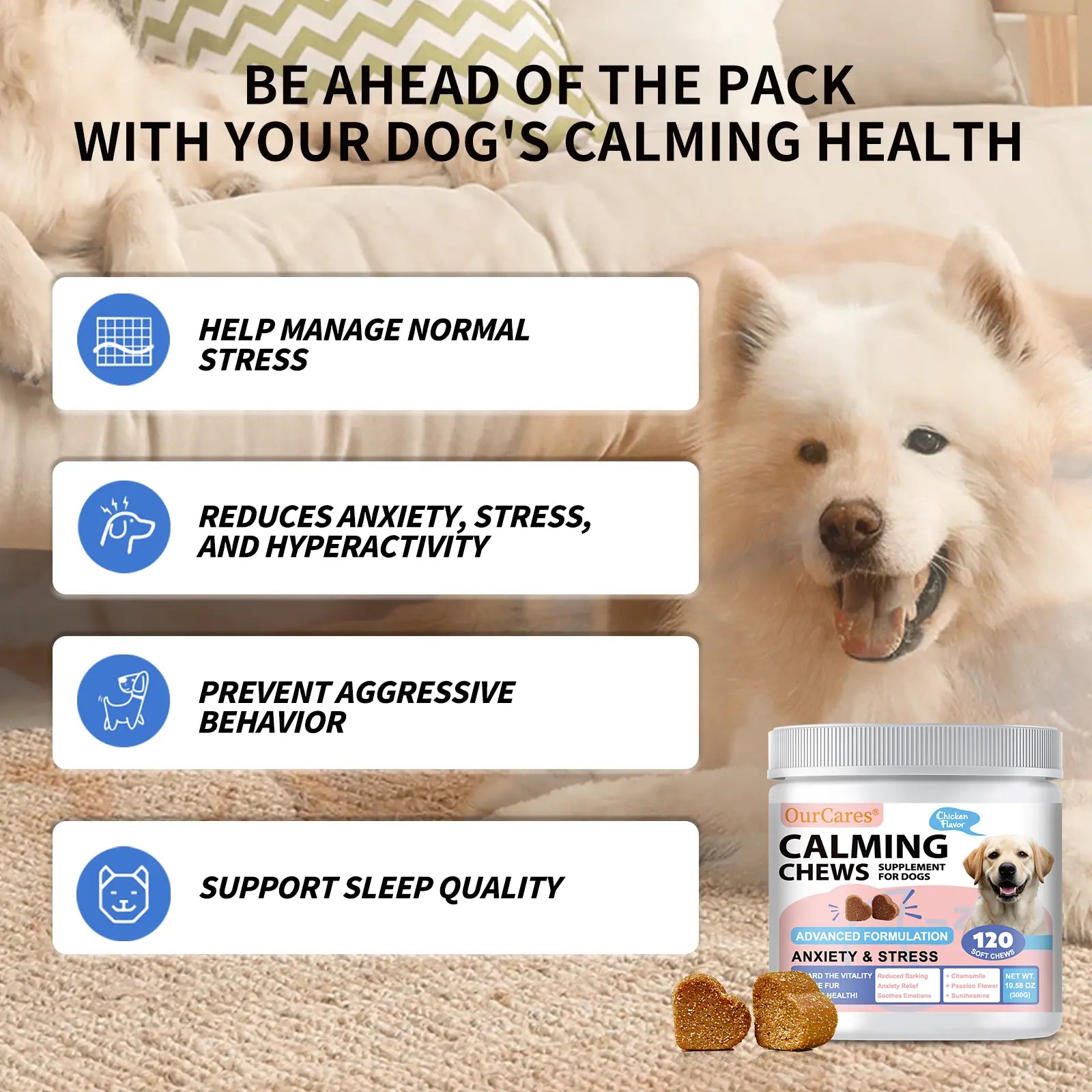 Ourcares Calming Chews for Dogs Composure & Relaxation for Everyday Stress & Separation Chicken Flavor 120 Soft Chews Daily Pet Snacks