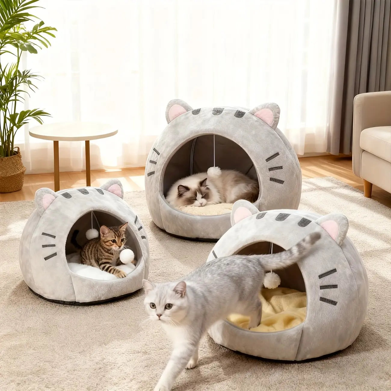 Cozy Cat Cave Bed with Fun Hanging Ball Toy - Semi-Enclosed Kitten House Featuring Washable Inner Pillow, Soft & Breathable Indoor Cat Nest