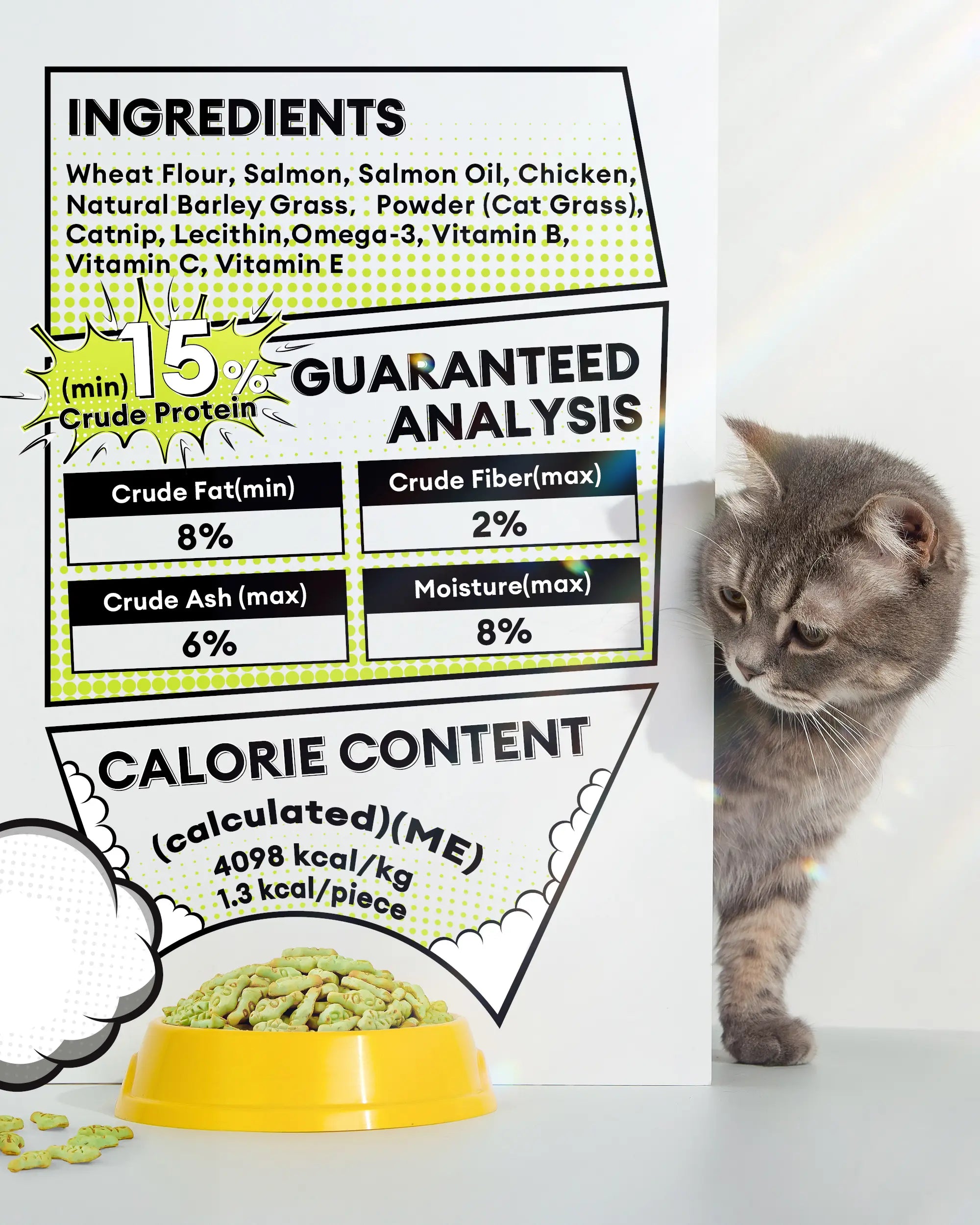 Cat Grass Treats for Hairball Relief, Natural Chicken Catnip Biscuits, Low-Calorie Healthy Snacks for Indoor Cats, Supports Digestion & Dental Care 3.53Oz