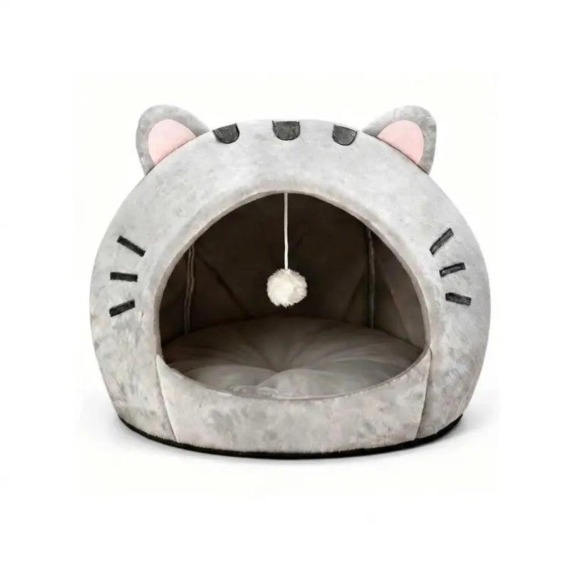 Cozy Cat Cave Bed with Fun Hanging Ball Toy - Semi-Enclosed Kitten House Featuring Washable Inner Pillow, Soft & Breathable Indoor Cat Nest