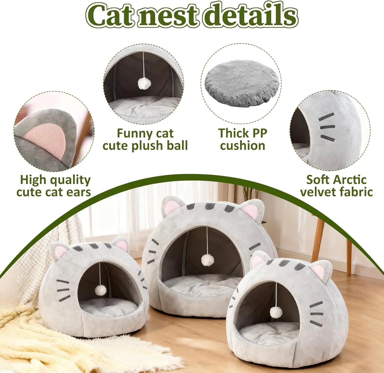Cozy Cat Cave Bed with Fun Hanging Ball Toy - Semi-Enclosed Kitten House Featuring Washable Inner Pillow, Soft & Breathable Indoor Cat Nest