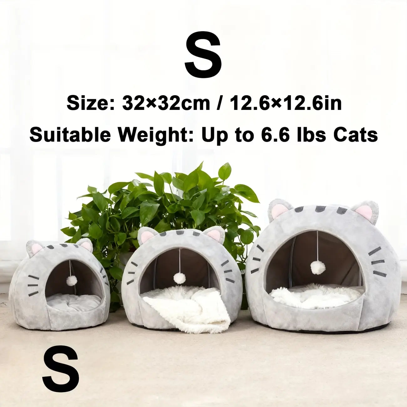 Cozy Cat Cave Bed with Fun Hanging Ball Toy - Semi-Enclosed Kitten House Featuring Washable Inner Pillow, Soft & Breathable Indoor Cat Nest
