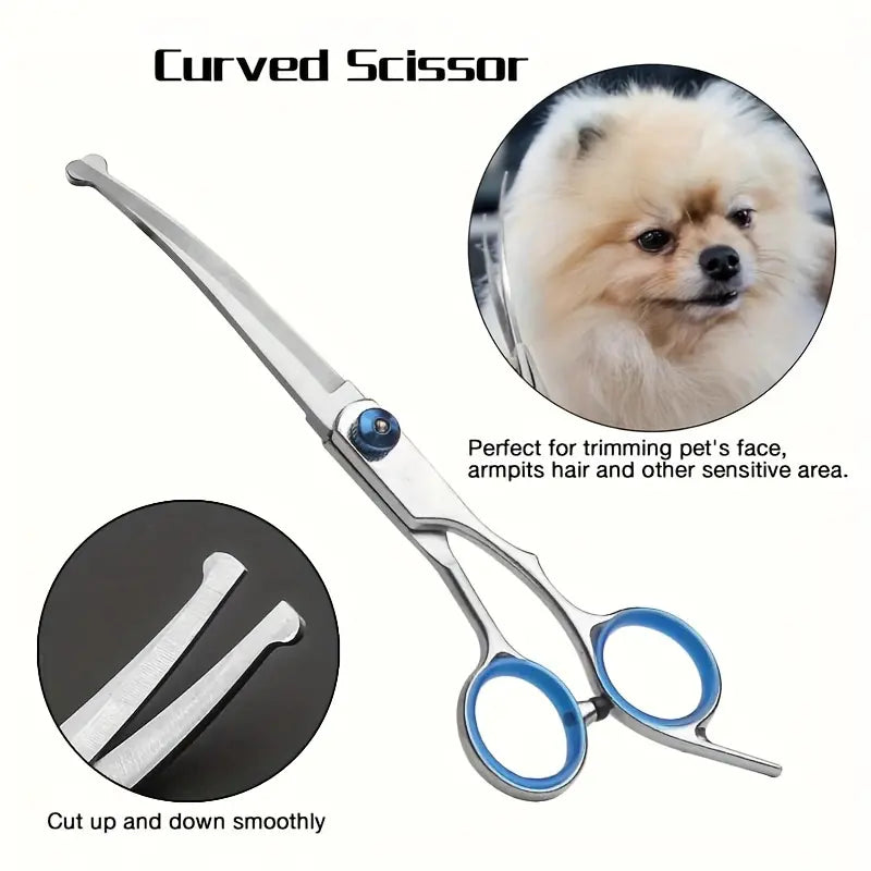 5 in 1 Professional Grooming Scissors for Dogs 4CR with Safety round Tip, Heavy Duty Titanium Coated Straight & Thinning & Curved Shears