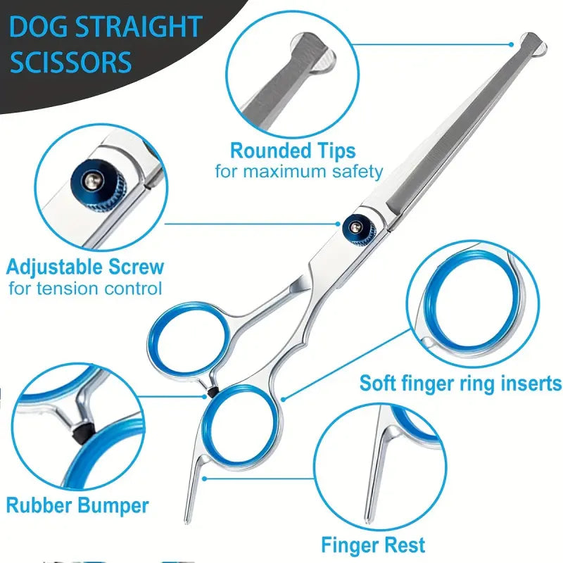 5 in 1 Professional Grooming Scissors for Dogs 4CR with Safety round Tip, Heavy Duty Titanium Coated Straight & Thinning & Curved Shears