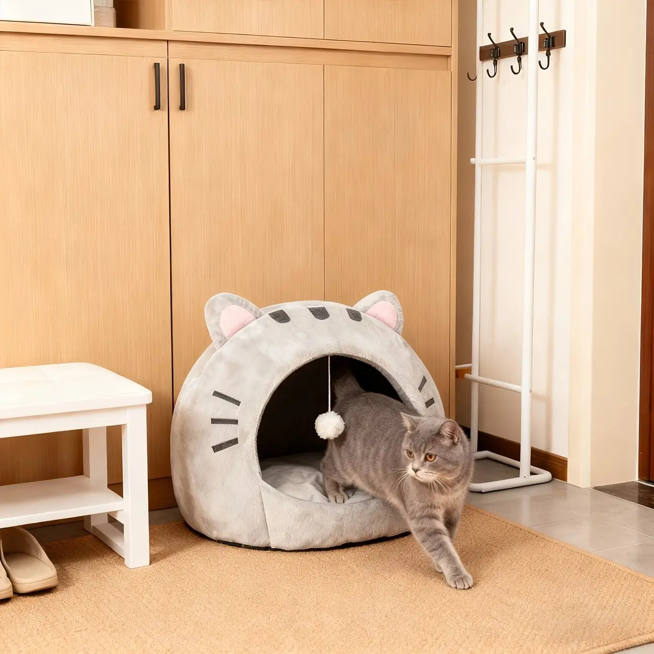 Cozy Cat Cave Bed with Fun Hanging Ball Toy - Semi-Enclosed Kitten House Featuring Washable Inner Pillow, Soft & Breathable Indoor Cat Nest