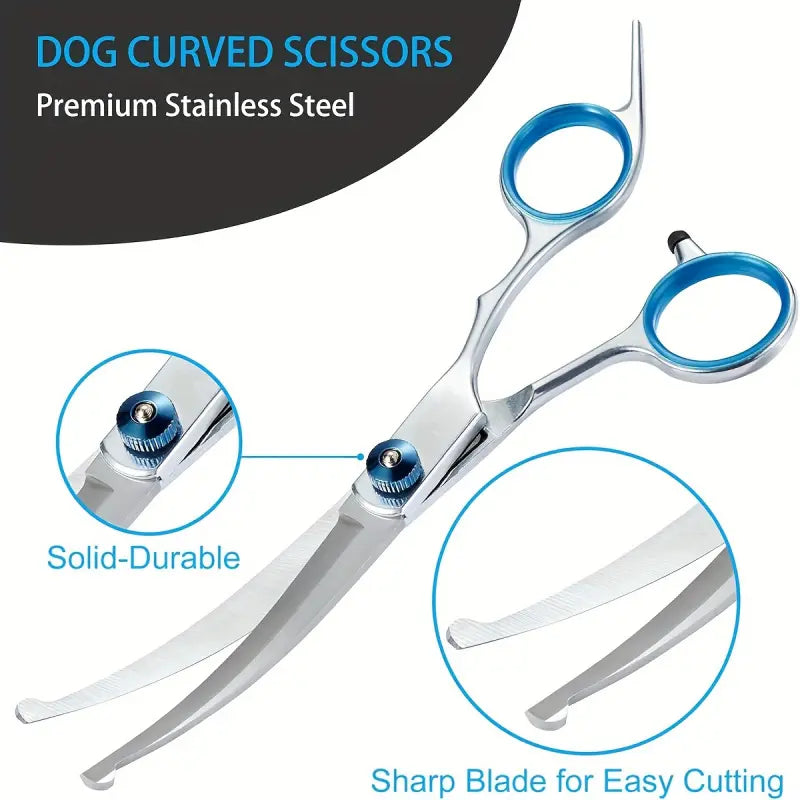 5 in 1 Professional Grooming Scissors for Dogs 4CR with Safety round Tip, Heavy Duty Titanium Coated Straight & Thinning & Curved Shears