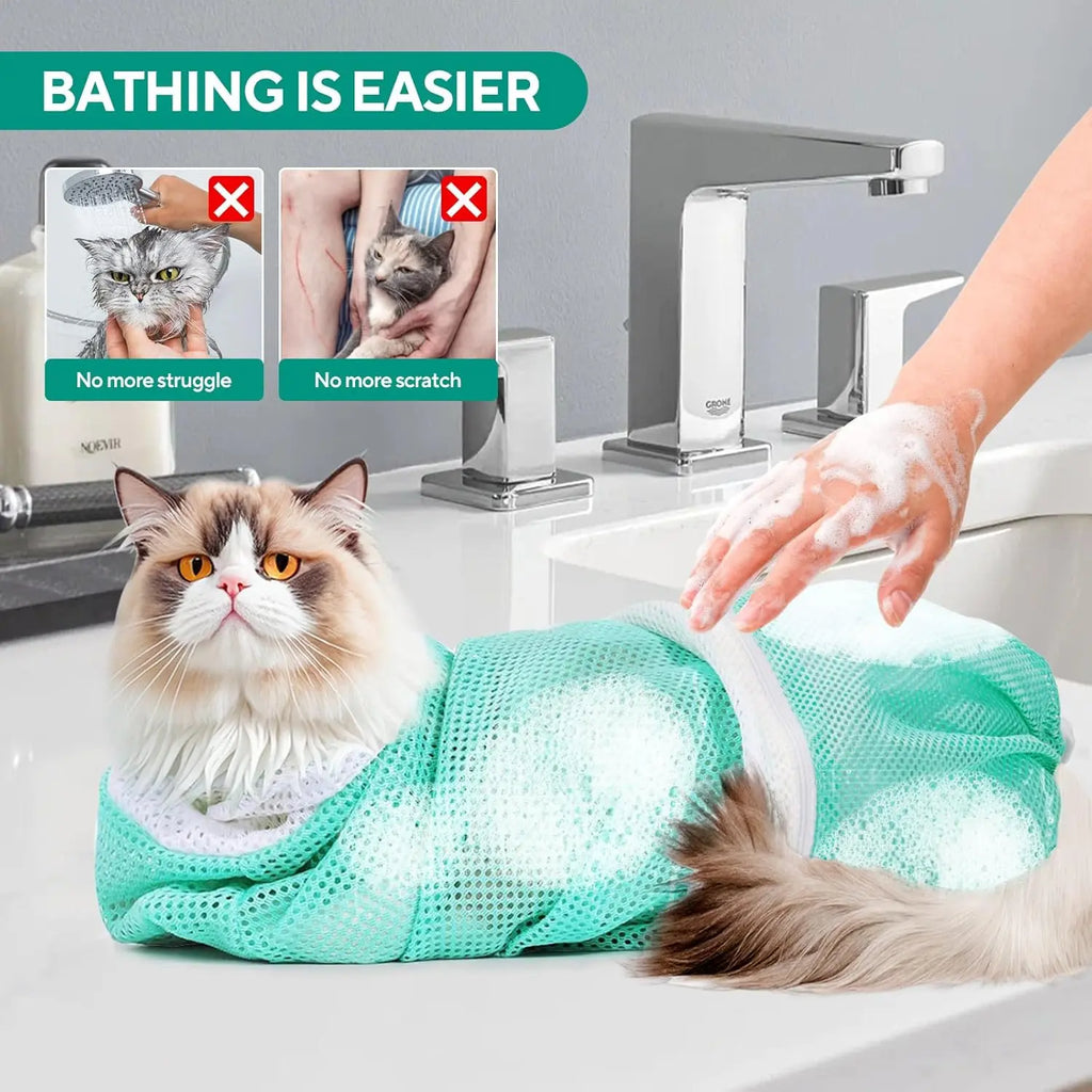 Upgrade Cat Bag for Bath Adjustable Breathable Mesh Pet Restraint Bag for Bath Nail Trim Medicine and Vet Visits Escape Proof Wash Bag Green
