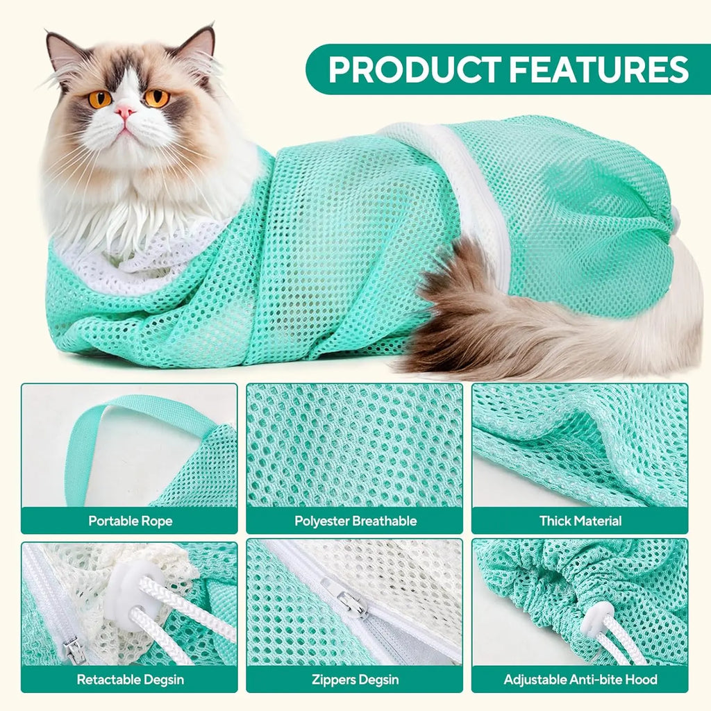 Upgrade Cat Bag for Bath Adjustable Breathable Mesh Pet Restraint Bag for Bath Nail Trim Medicine and Vet Visits Escape Proof Wash Bag Green