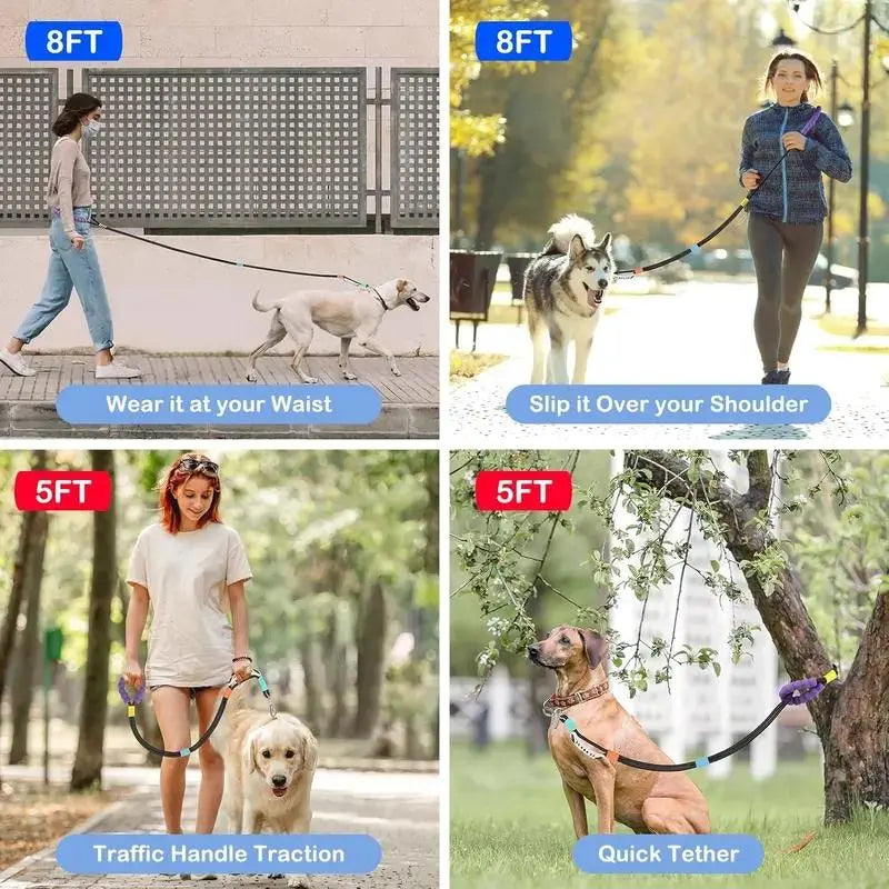 Hands Free Dog Rope Leash Adjustable Waist Crossbody Rope with Explosion Proof Handle Lockable Metal Clip for Easy Walking