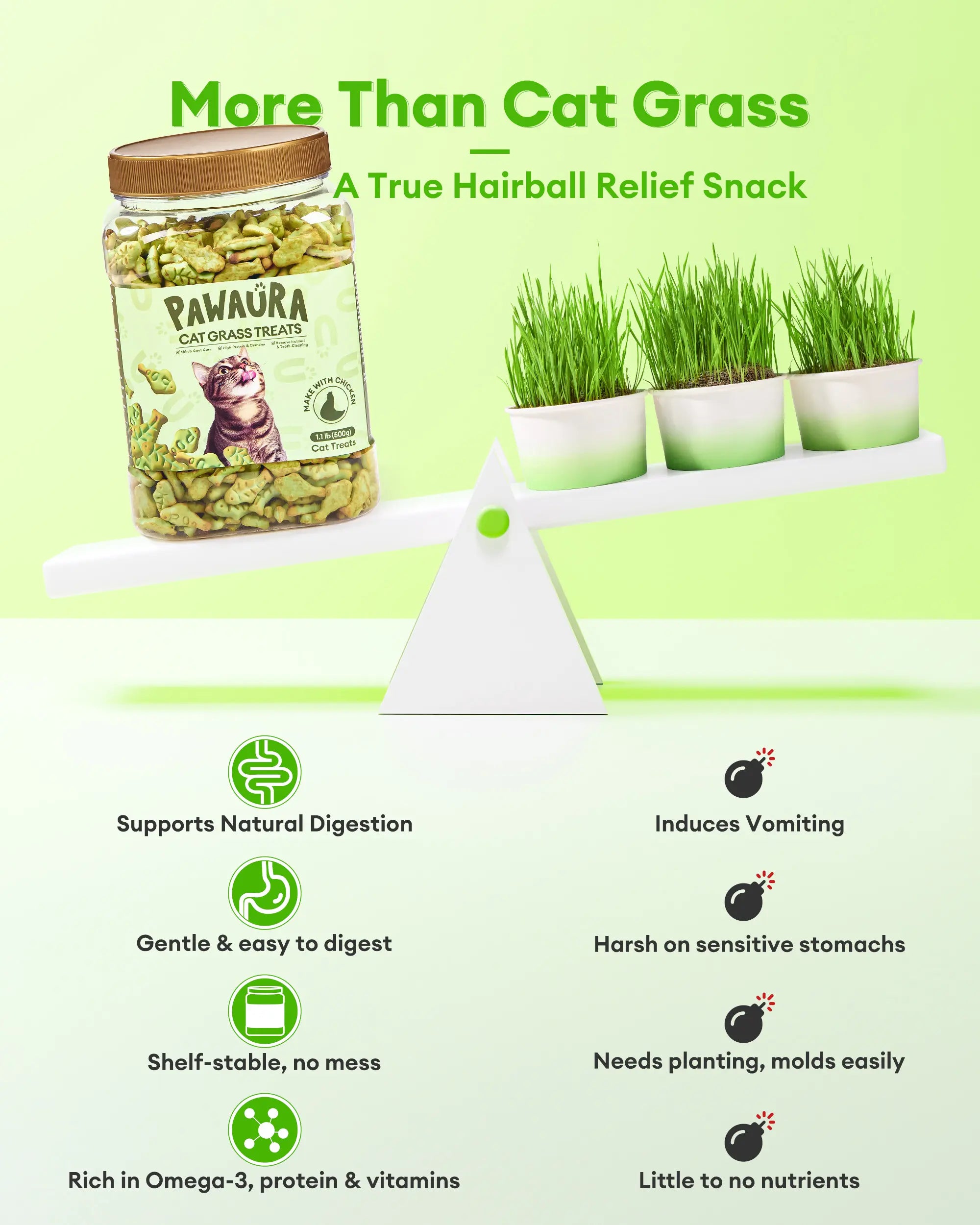 Cat Grass Treats for Hairball Relief, Natural Chicken Catnip Biscuits, Low-Calorie Healthy Snacks for Indoor Cats, Supports Digestion & Dental Care 3.53Oz