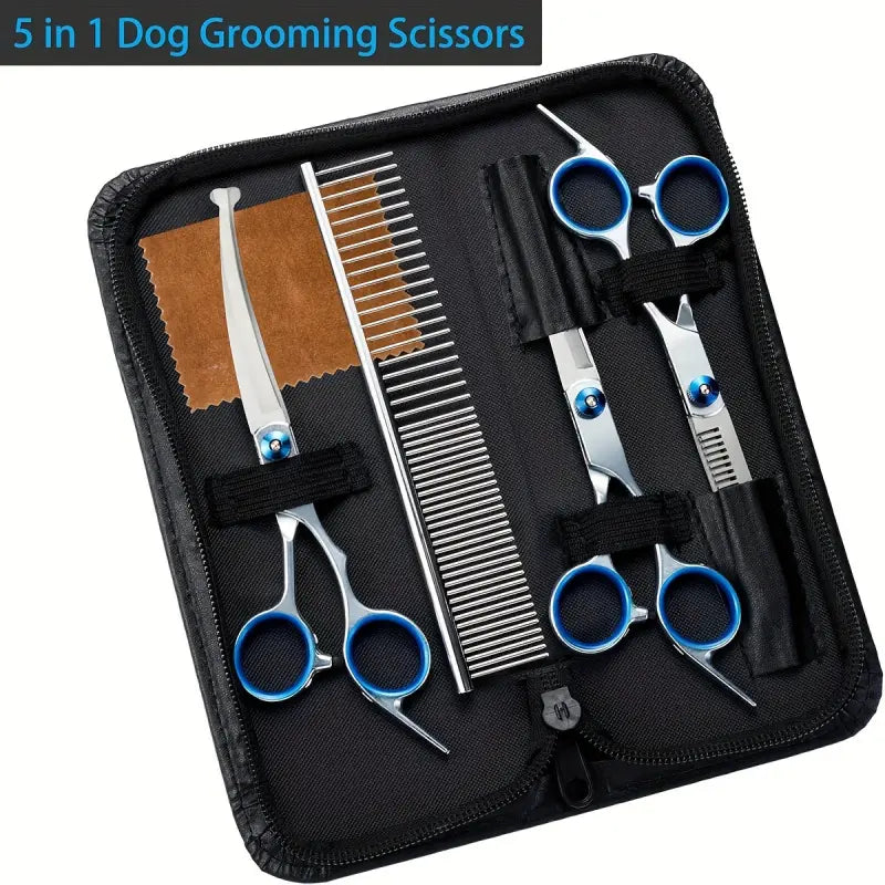 5 in 1 Professional Grooming Scissors for Dogs 4CR with Safety round Tip, Heavy Duty Titanium Coated Straight & Thinning & Curved Shears