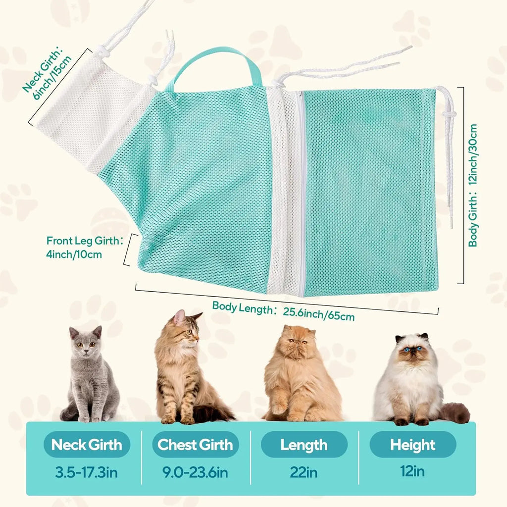 Upgrade Cat Bag for Bath Adjustable Breathable Mesh Pet Restraint Bag for Bath Nail Trim Medicine and Vet Visits Escape Proof Wash Bag Green