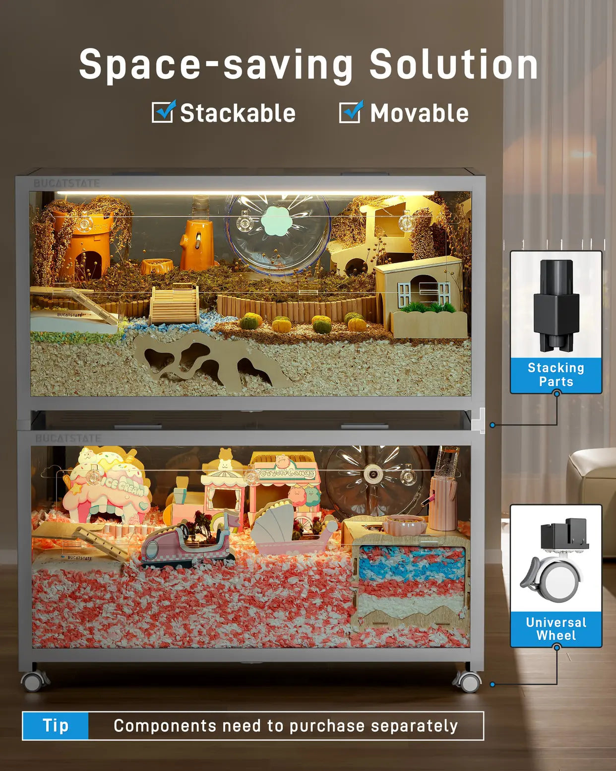 BUCATSTATE Hamster Cage 3.0 | 5.4 Sq.Ft Large Metal Cage | Stackable Easy Assemble | Top Access for Hamster Gerbil Mouse | 39.3L×19.7W×20.6H Inches