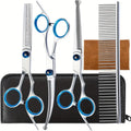 5 in 1 Professional Grooming Scissors for Dogs 4CR with Safety round Tip, Heavy Duty Titanium Coated Straight & Thinning & Curved Shears