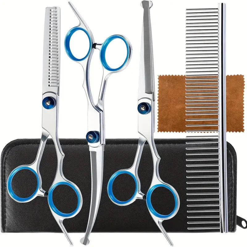 5 in 1 Professional Grooming Scissors for Dogs 4CR with Safety round Tip, Heavy Duty Titanium Coated Straight & Thinning & Curved Shears