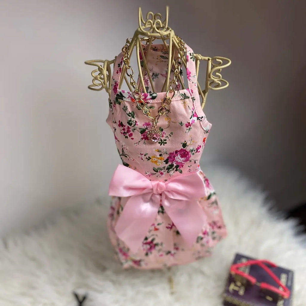 Pet Pink Floral Dress with Pink Bow for Small Cats and Dogs under 10 Lbs - Perfect Summer Wear for Your Furry Friend Cute Pet Small Dog Cat Clothes