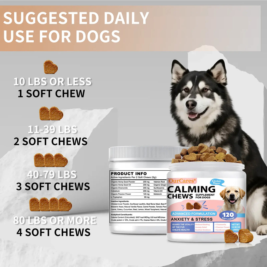 Ourcares Calming Chews for Dogs Composure & Relaxation for Everyday Stress & Separation Chicken Flavor 120 Soft Chews Daily Pet Snacks