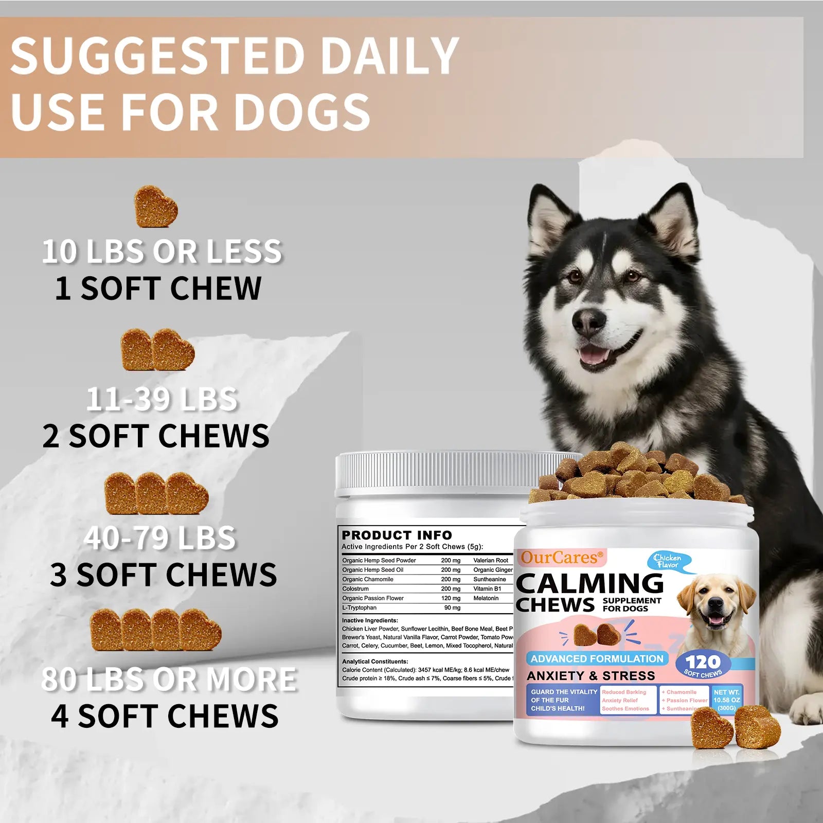 Ourcares Calming Chews for Dogs Composure & Relaxation for Everyday Stress & Separation Chicken Flavor 120 Soft Chews Daily Pet Snacks