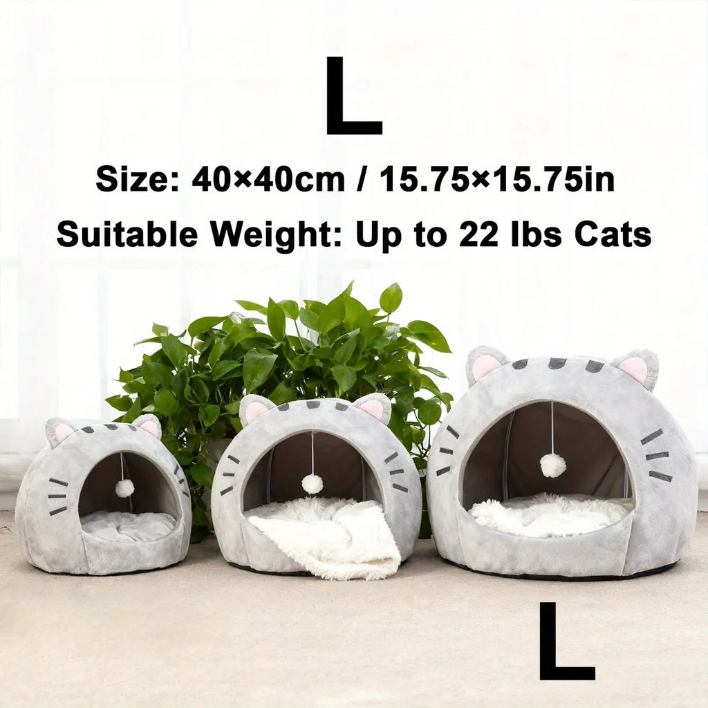 Cozy Cat Cave Bed with Fun Hanging Ball Toy - Semi-Enclosed Kitten House Featuring Washable Inner Pillow, Soft & Breathable Indoor Cat Nest