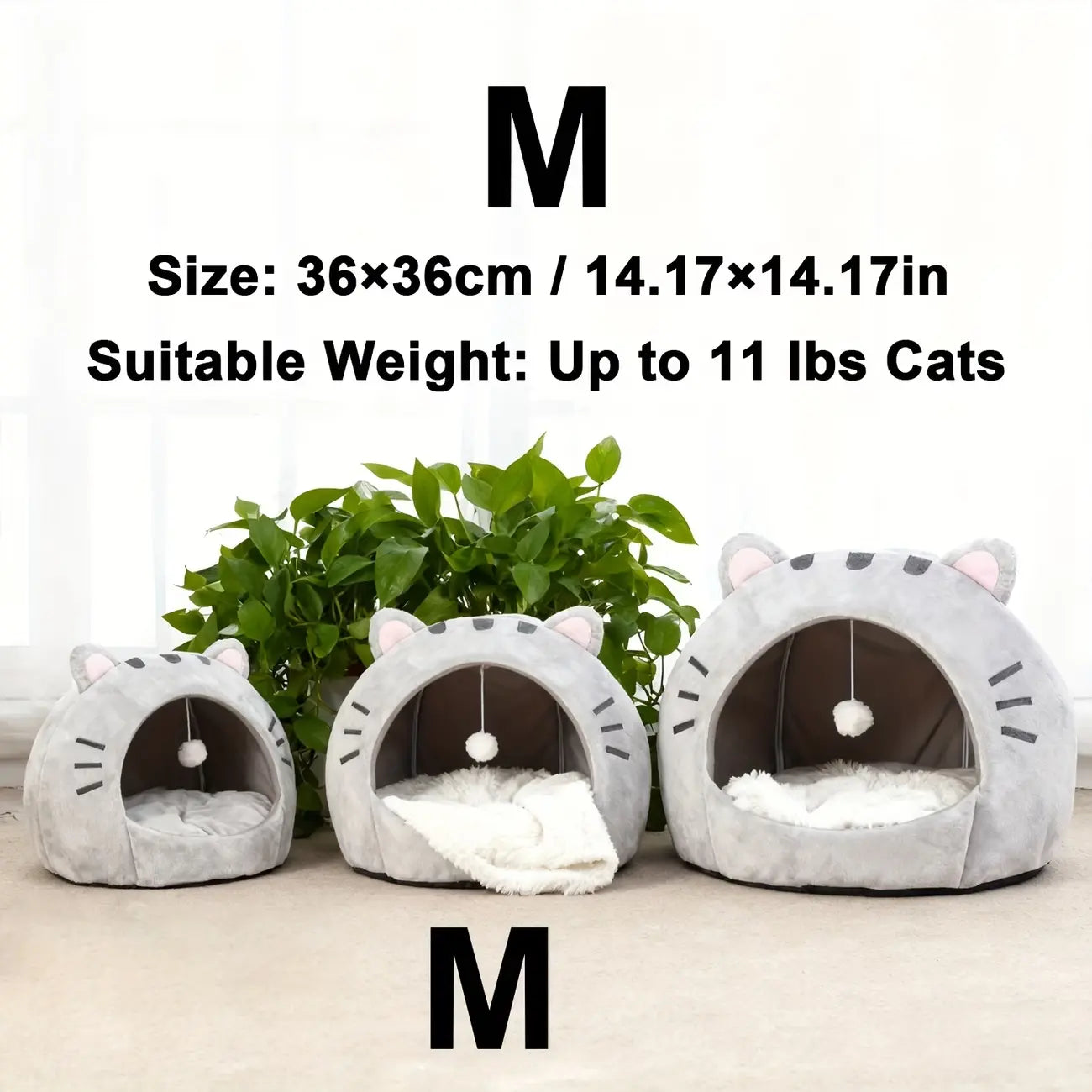 Cozy Cat Cave Bed with Fun Hanging Ball Toy - Semi-Enclosed Kitten House Featuring Washable Inner Pillow, Soft & Breathable Indoor Cat Nest