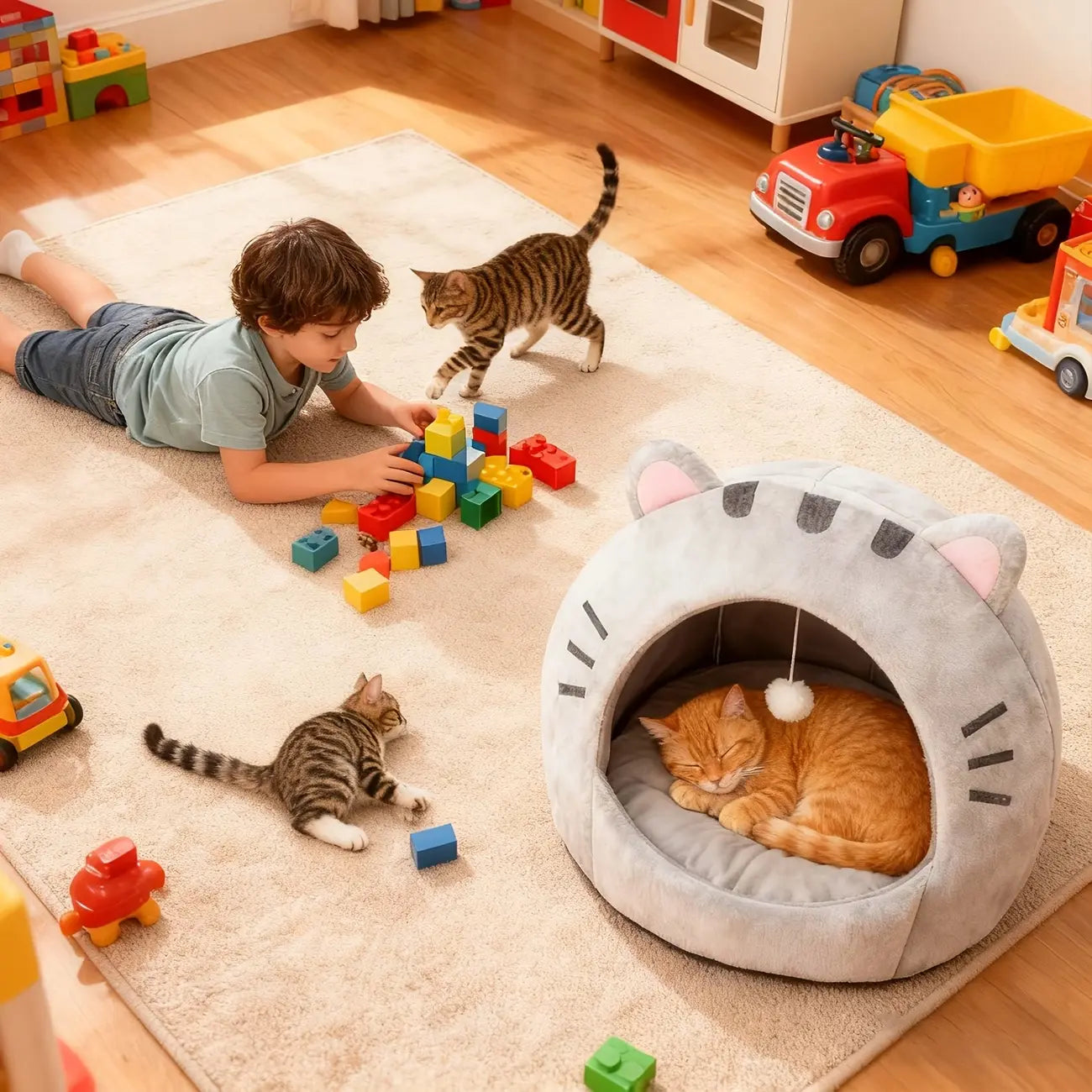 Cozy Cat Cave Bed with Fun Hanging Ball Toy - Semi-Enclosed Kitten House Featuring Washable Inner Pillow, Soft & Breathable Indoor Cat Nest